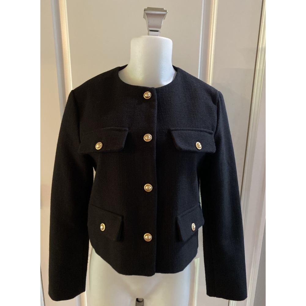 ZARA Lady Jacket Size M Black‎ Lined Gold Button Front Short Blazer Long Sleeve